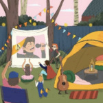 colourful drawing of a small outside festival with a tent and a sheet up showing someone singing with the audience enjoying themselves