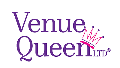 Venue Queen LTD text with pink drawn crown tilted on the n