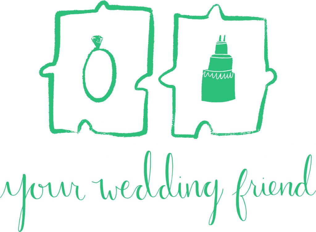 Your wedding friend green logo with a ring and a cake inside 2 jigsaw pieces